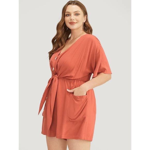 2/$25 Size 14 - 16 • 1x BloomChicCoral Pocket Button Belted Knotted Front Romper - Picture 4 of 8